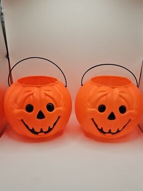 Pair of Vintage General Foam Orange Plastic Jack-O'-Lantern Buckets Blow Molds